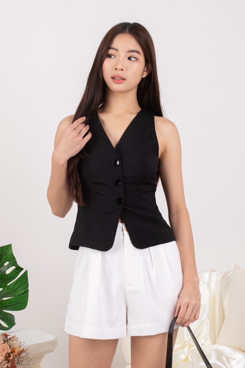 Genia Button Up Vest Top in Black