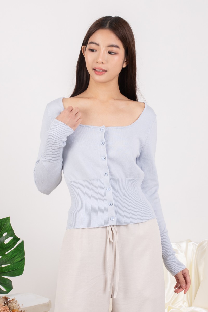 RESTOCK: Silena Wide Neck Button Cardigan in Blue
