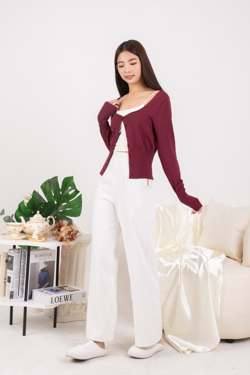 RESTOCK: Silena Wide Neck Button Cardigan in Burgundy