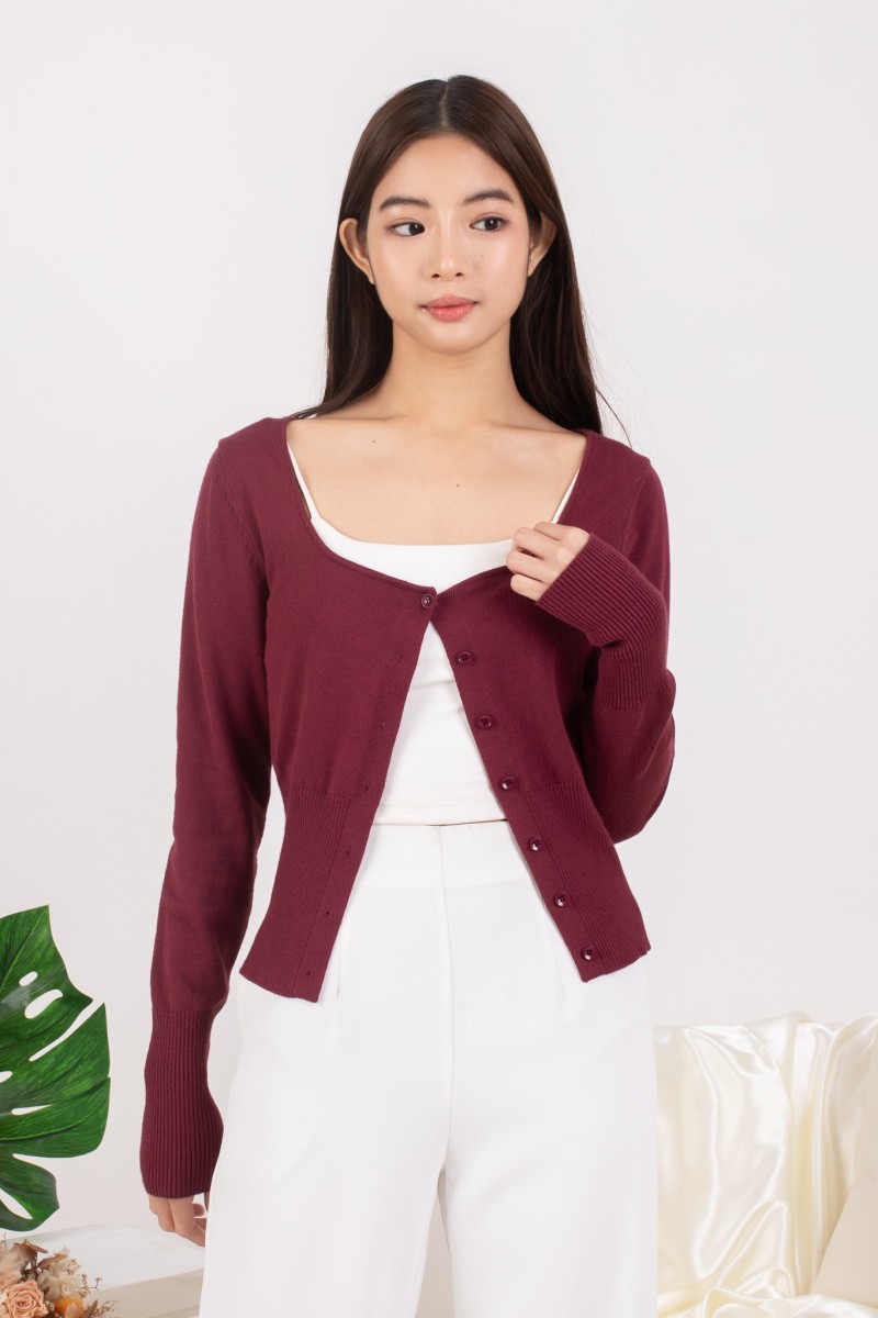RESTOCK: Silena Wide Neck Button Cardigan in Burgundy
