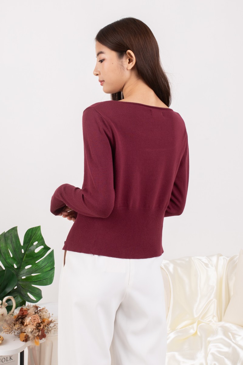 RESTOCK: Silena Wide Neck Button Cardigan in Burgundy