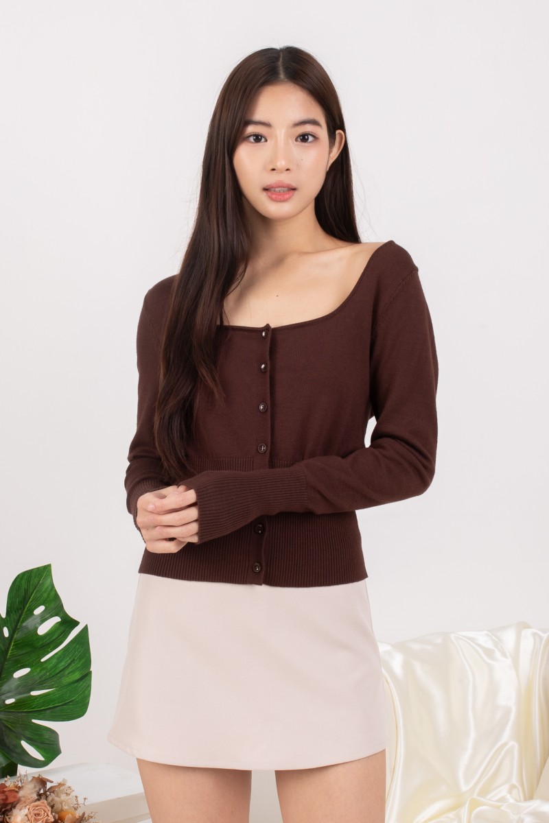 RESTOCK: Silena Wide Neck Button Cardigan in Mocha