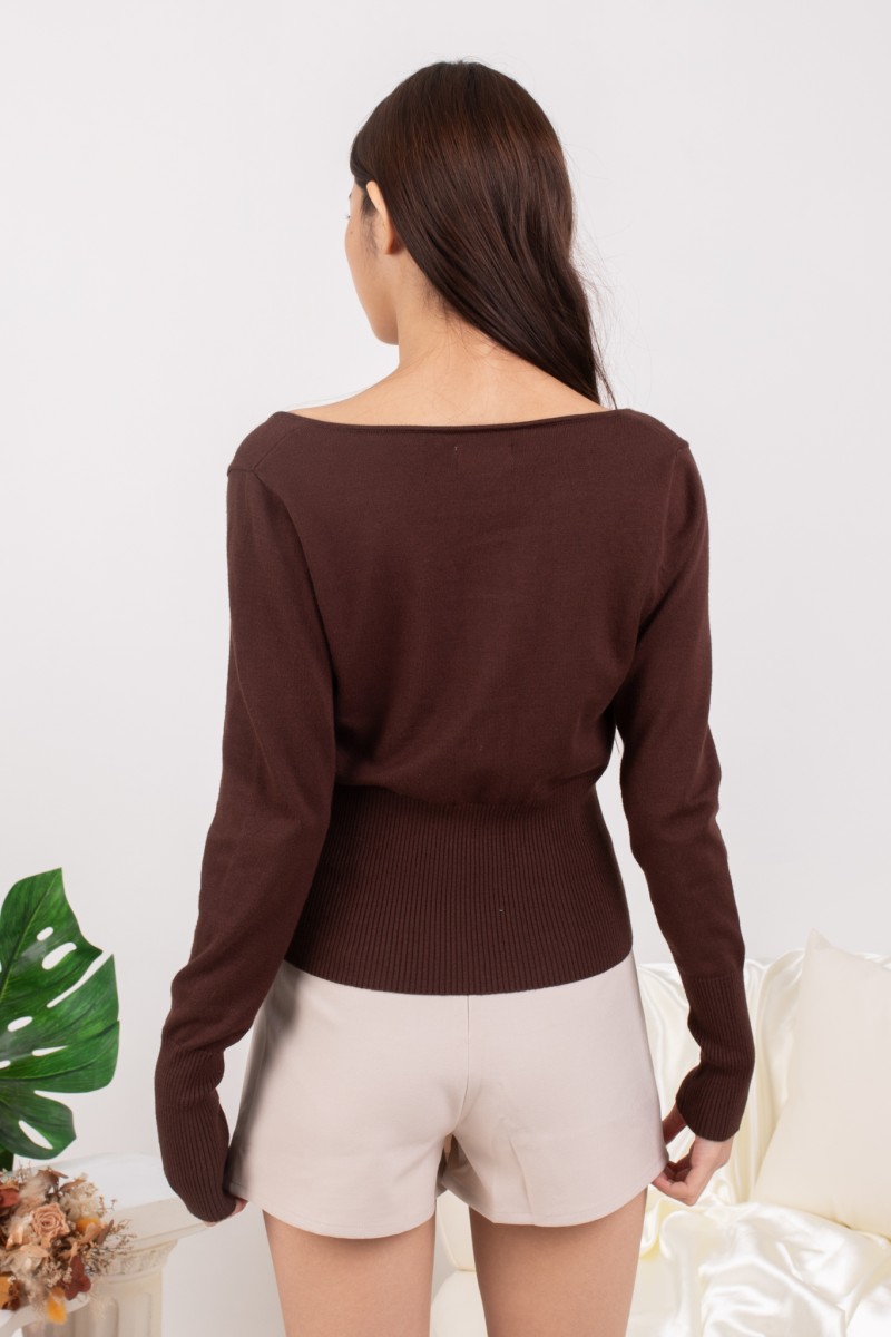 RESTOCK: Silena Wide Neck Button Cardigan in Mocha