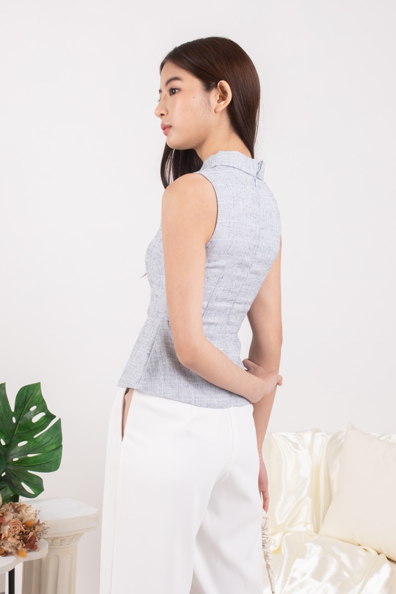 Keslyn Tweed Peplum Top in Blue