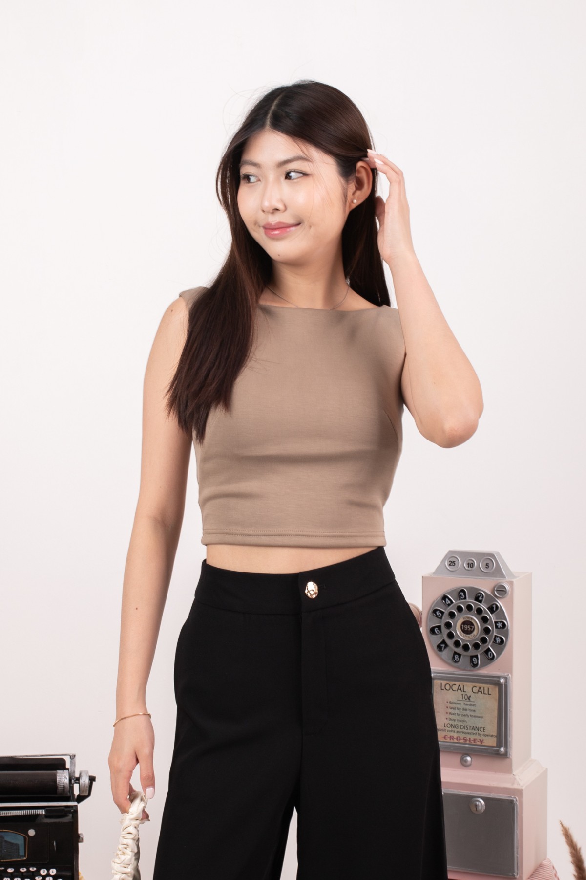 RESTOCK7: Paddle Padded Boat-Neck Top in Coffee