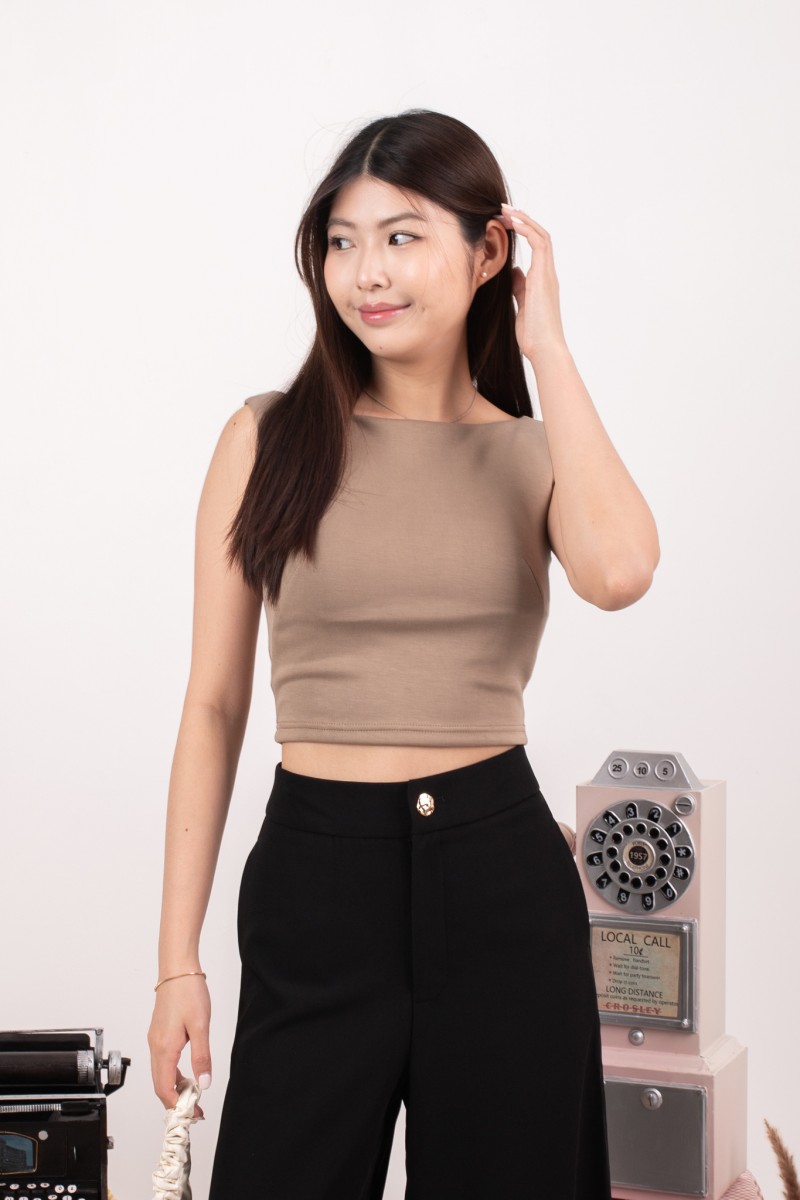 RESTOCK7: Paddle Padded Boat-Neck Top in Coffee
