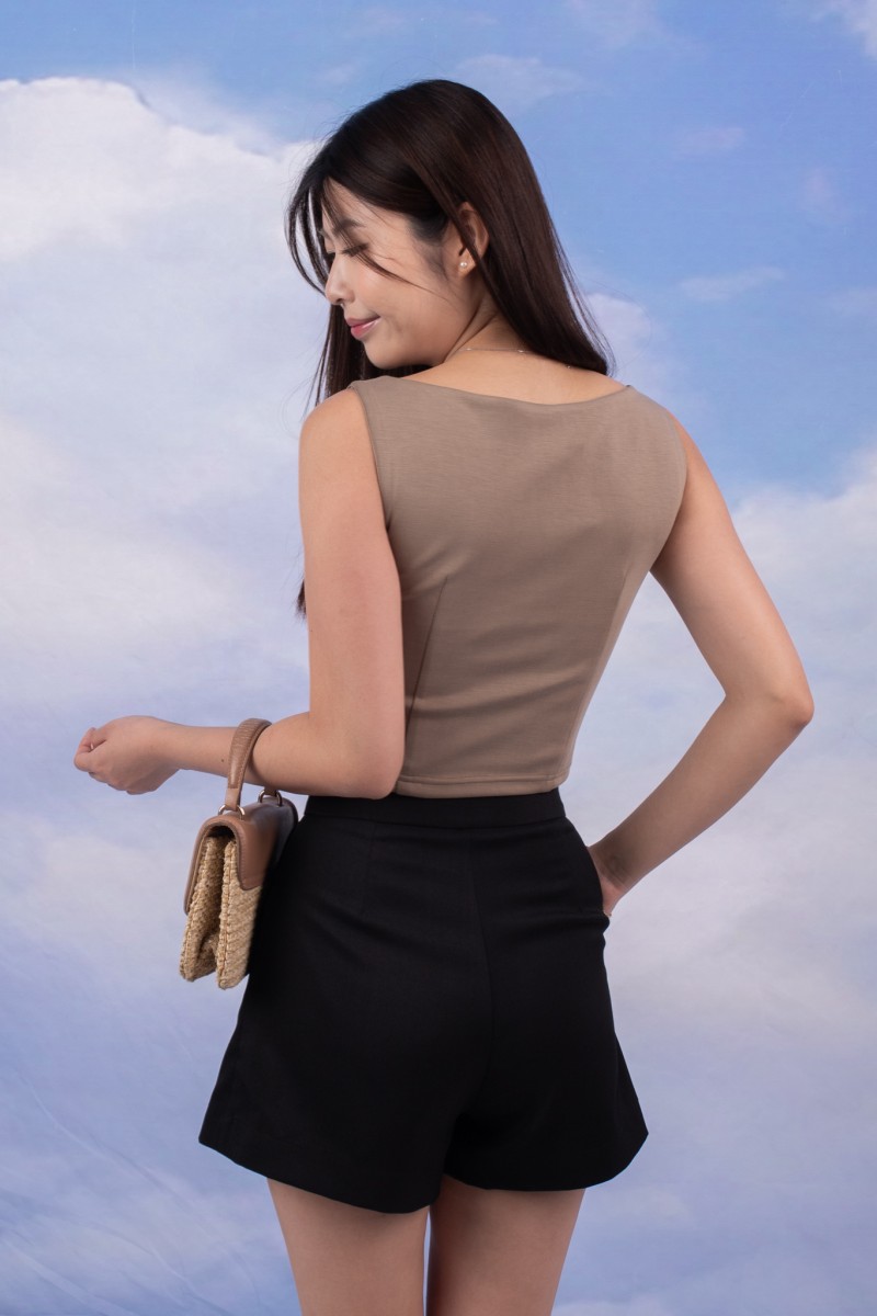 RESTOCK7: Paddle Padded Boat-Neck Top in Coffee