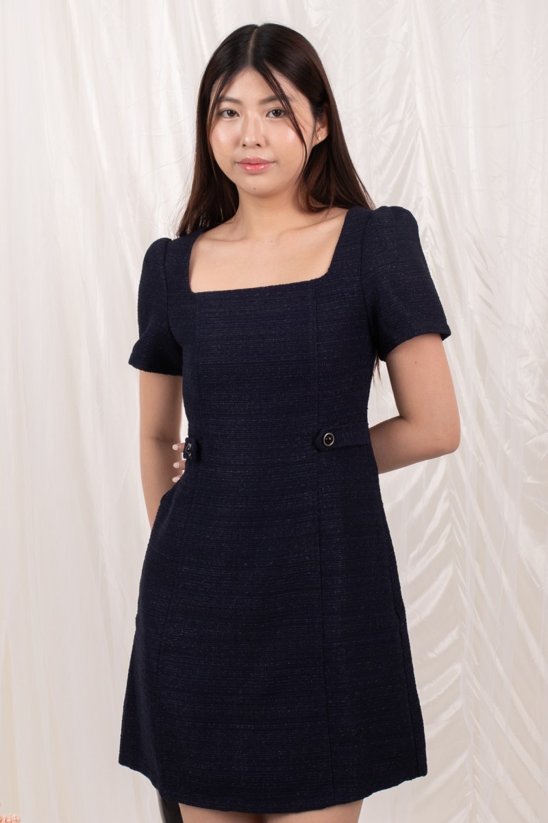 Tweedia Button Square Neck Dress in Navy