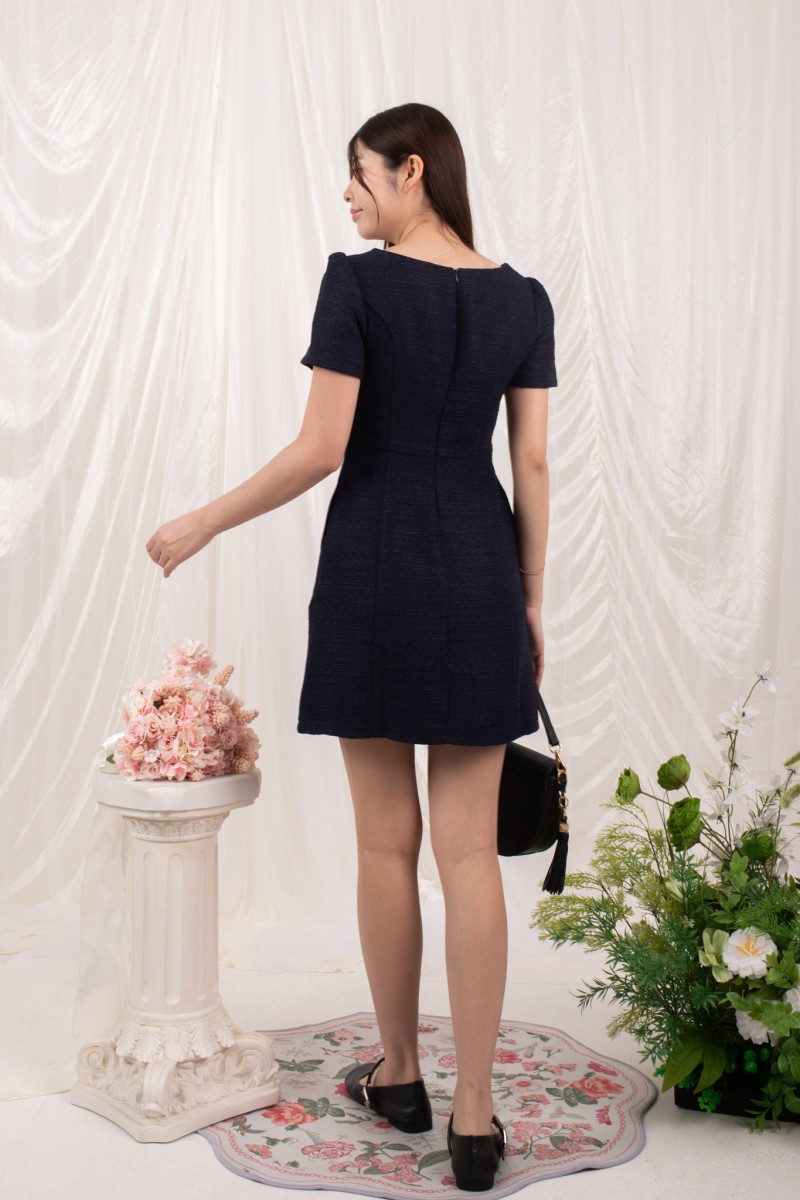 Tweedia Button Square Neck Dress in Navy