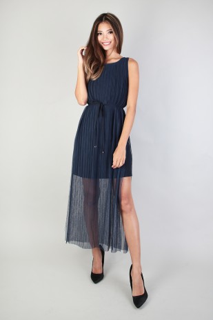 Darcy Pleated Dress in Navy