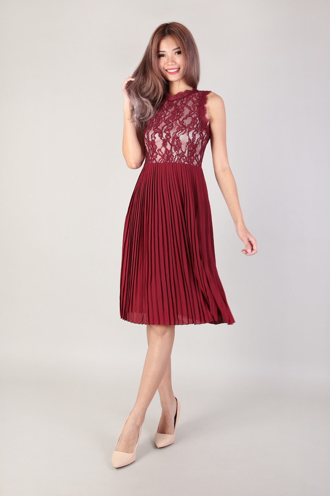 red and pink pleated dress