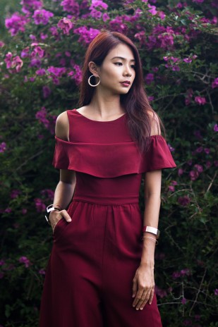 Racelle Cold Shoulder Jumpsuit in Wine Red