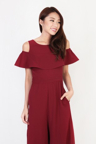 Racelle Cold Shoulder Jumpsuit in Wine Red