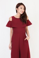 Racelle Cold Shoulder Jumpsuit in Wine Red