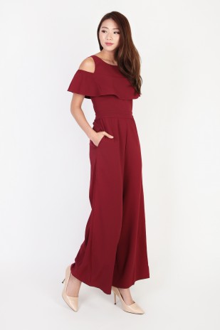Racelle Cold Shoulder Jumpsuit in Wine Red