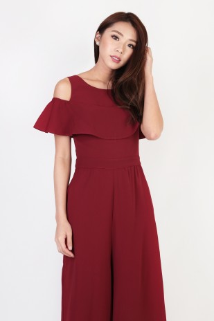 Racelle Cold Shoulder Jumpsuit in Wine Red