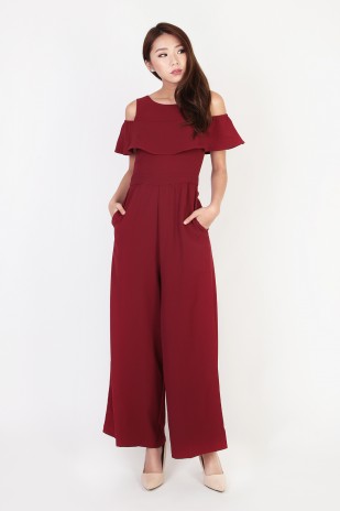 Racelle Cold Shoulder Jumpsuit in Wine Red