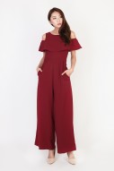 Racelle Cold Shoulder Jumpsuit in Wine Red
