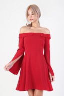 Meike Off Shoulder Dress in Lipstick Red