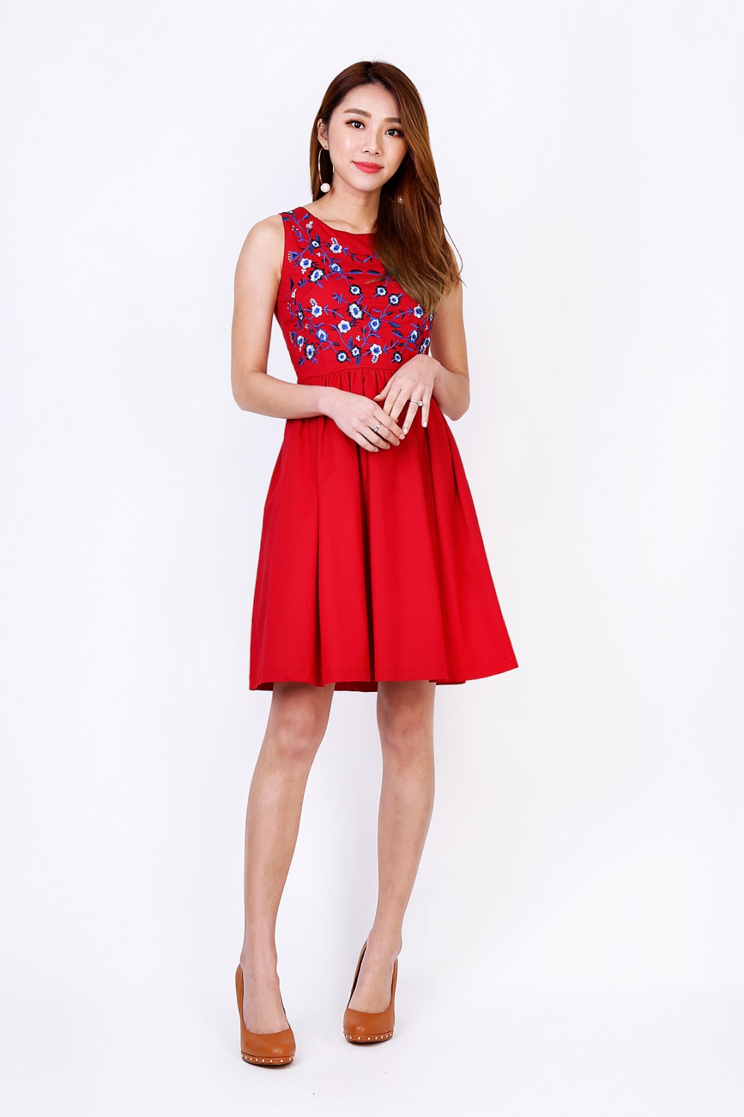 red floral embroidered dress