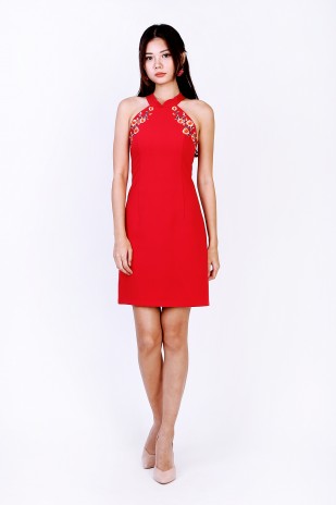 Luca Embroidery Shift Dress in Red