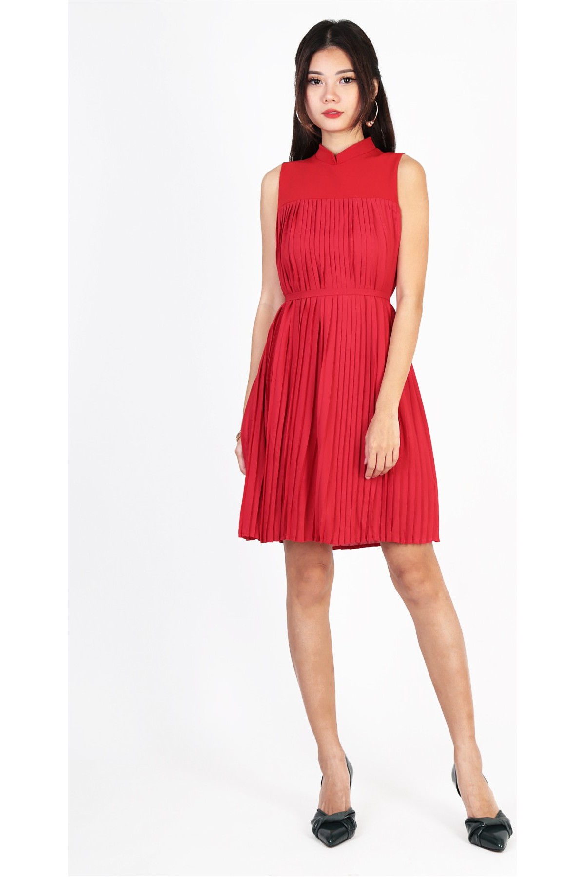 Red pleated midi on sale dress