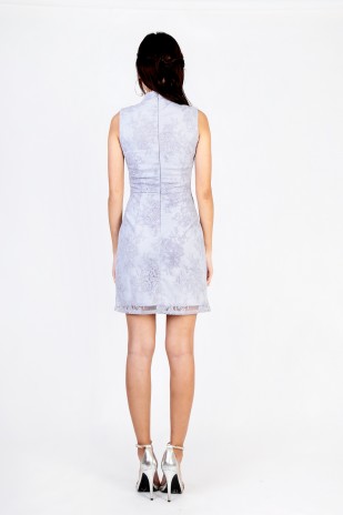 Ivory High Neck Lace Dress in Grey Lilac