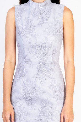 Ivory High Neck Lace Dress in Grey Lilac