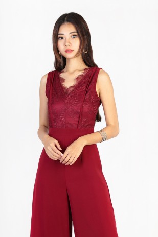 Louella Lace Jumpsuit in Wine Red
