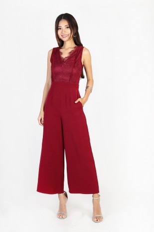 Louella Lace Jumpsuit in Wine Red