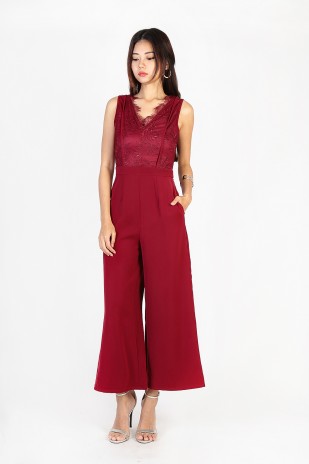 Louella Lace Jumpsuit in Wine Red