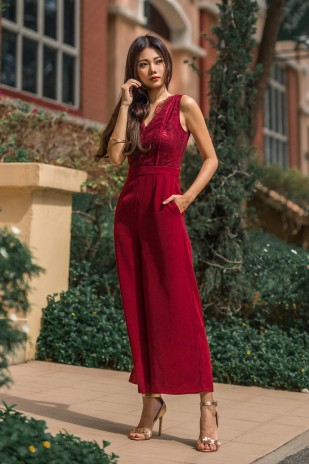 Louella Lace Jumpsuit in Wine Red