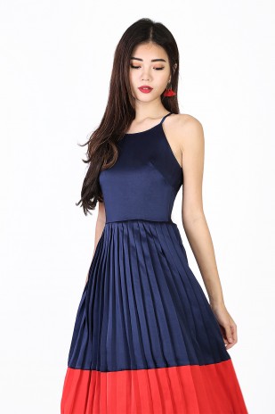 Melany Pleated Colorblock Dress in Navy