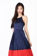 Melany Pleated Colorblock Dress in Navy