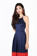 Melany Pleated Colorblock Dress in Navy