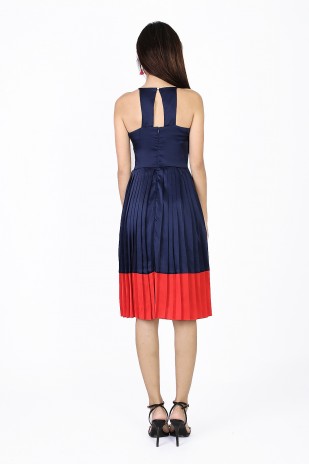 Melany Pleated Colorblock Dress in Navy