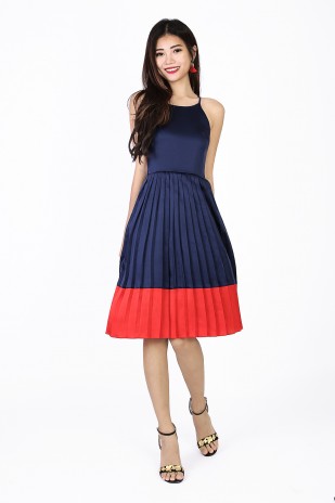 Melany Pleated Colorblock Dress in Navy