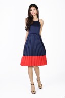 Melany Pleated Colorblock Dress in Navy