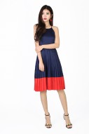 Melany Pleated Colorblock Dress in Navy