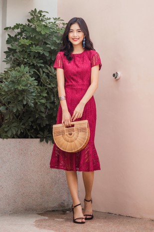 Mei Midi Lace Dress in Wine Red