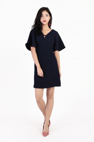 Carlin Flutter Sleeve Dress in Navy