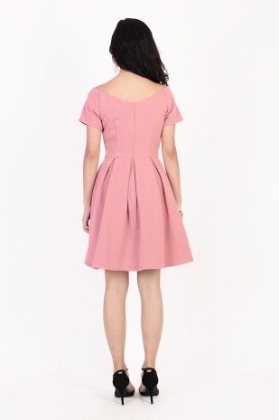 Hazel Off Shoulder Flare Dress in Rose Pink