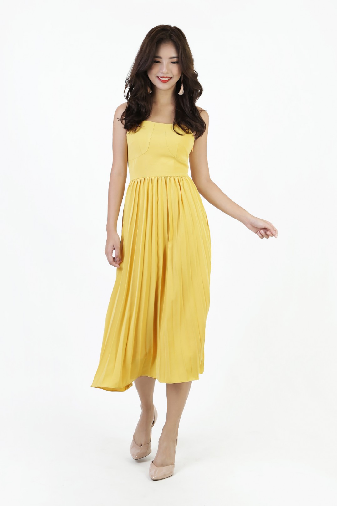 mustard pleated midi dress