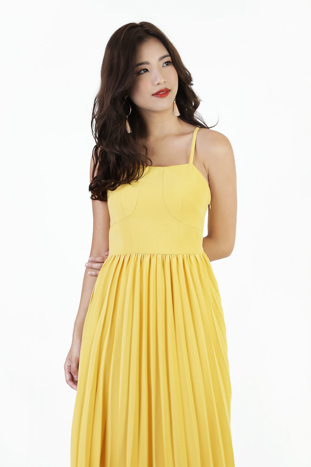 Calista Pleated Midi Dress in Mustard Yellow MGP