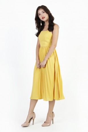 Calista Pleated Midi Dress in Mustard Yellow