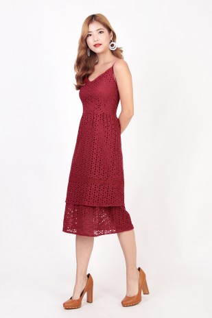 Lorelei Eyelet Midi Dress in Rustic Red