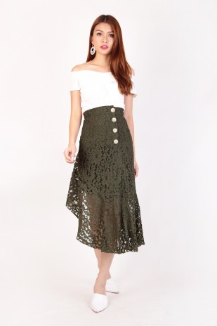Serras Asymmetric Lace Skirt in Olive