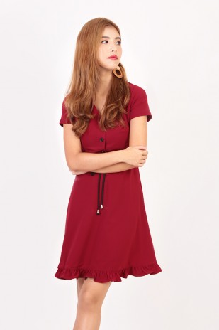Leith Flutter Dress in Burdundy Red