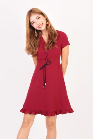 Leith Flutter Dress in Burdundy Red