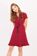 Leith Flutter Dress in Burdundy Red